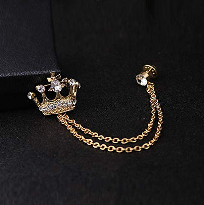 YOOE British Style Rhinestone Crown Chain Brooch. Retro Crystal Corsage Pin, Tassel Chain Suit Jacket Brooch Pin for Men Husband Gifts