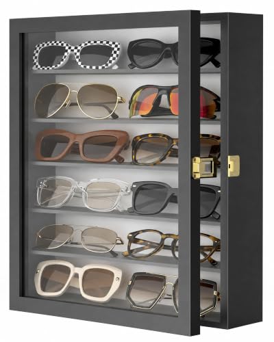 TJ.MOREE Sunglass Organizer Wall Mounted Glasses Holder Display Case 6 Tier | 13 x 15.6 inches Wooden Storage Box for Multiple Pairs Eyeglasses Sports Sunglasses - color: Black, size: 6-Tier