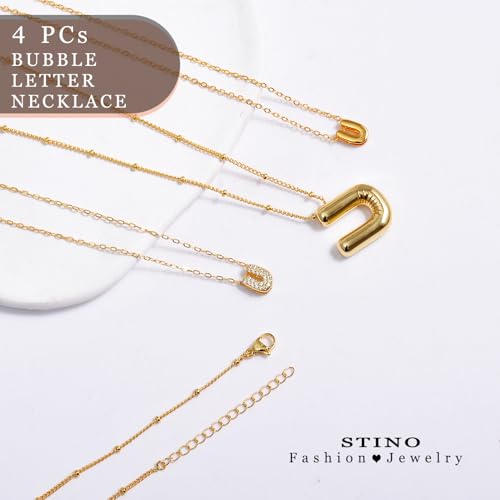 stino 4PCs Bubble Initial Letter Necklace Set, No Tarnish 14K Gold Plated Alphabet Pendant, Jewelry for Women - style: U