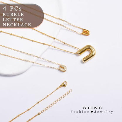 stino 4PCs Bubble Initial Letter Necklace Set, No Tarnish 14K Gold Plated Alphabet Pendant, Jewelry for Women - style: U