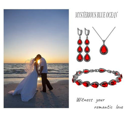 LMXXVJ Necklace Long Earrings Bracelet Set, White Gold Plated Created Blue Sapphire Jewelry Set Wedding Party Gift Jewelry for Women Bridal Bridesmaid - color: Black Gun-Ruby Red