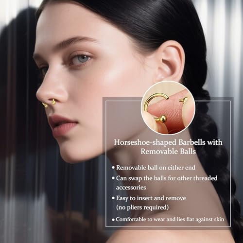 D.Bella 16G Horseshoe Septum Ring Surgical Steel Nose Hoop CZ Earring Eyebrow Lip Tragus Helix Daith Piercing Jewelry for Women Men 8-12mm - color: gold