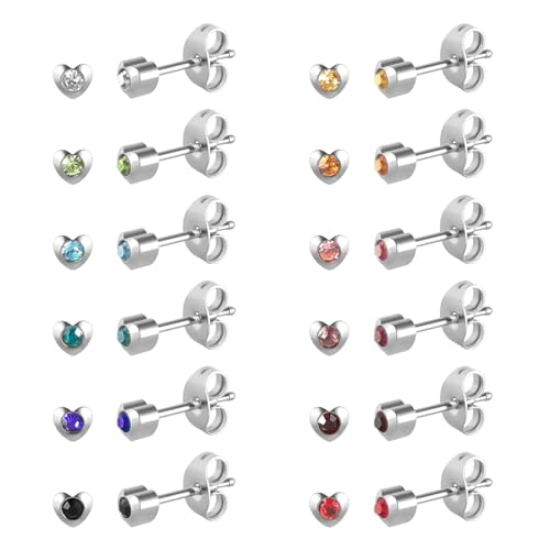 12 Pairs Surgical Stainless Steel Cubic Zirconia Birthstone Stud Earrings Heart Star Round Multicolors Stud Earrings Set for Women - style: Silver heart 4mm