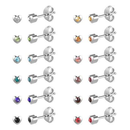 12 Pairs Surgical Stainless Steel Cubic Zirconia Birthstone Stud Earrings Heart Star Round Multicolors Stud Earrings Set for Women - style: Silver heart 4mm