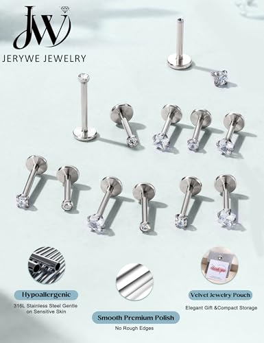 JeryWe 18G 16G Flat Back Earrings Studs for Women - Hypoallergenic Surgical Steel Internal Thread CZ Stud Earrings Stacks 14K Gold Plated Tragus Labret Helix Cartilage Conch Nose Stud Piercing Jewelry - color: Steel, size: 18G(1.0mm)