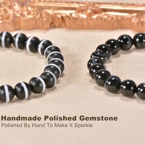 2PCS Agate Bracelet for Women Men Natural Round Beaded Agates Stone Healing Stretch Bracelets Elastic Handmade Polished Gemstone Beads Bracelet - color: Black White+Matte, size: 8mm Beads