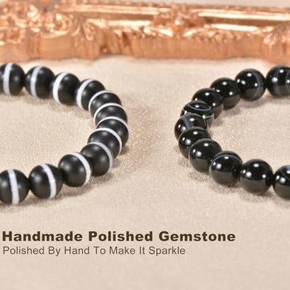 2PCS Agate Bracelet for Women Men Natural Round Beaded Agates Stone Healing Stretch Bracelets Elastic Handmade Polished Gemstone Beads Bracelet - color: Black White+Matte, size: 8mm Beads