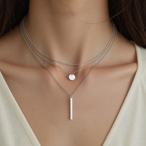 Necklace for Women with Circle and Bar Pendants Layered Jewelry Versatile Design - color: silvery
