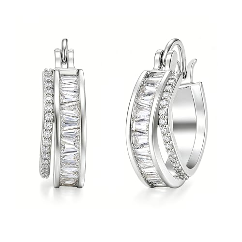 Gold Silver Huggie Hoop Earrings for Women 18K Gold & Sterling Silver Plated Cubic Zirconia Hoop Earrings Double Hoops Earrings Hypoallergenic Non Tarnish Earings Jewelry Gift - color: Silver-A