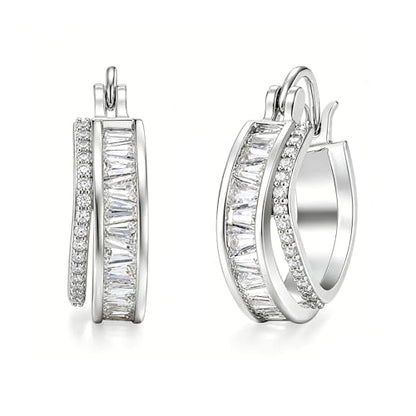 Gold Silver Huggie Hoop Earrings for Women 18K Gold & Sterling Silver Plated Cubic Zirconia Hoop Earrings Double Hoops Earrings Hypoallergenic Non Tarnish Earings Jewelry Gift - color: Silver-A