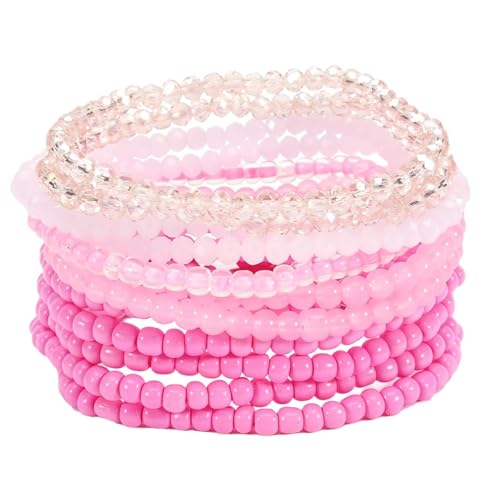 Bohemian Multilayer Beaded Stackable Stretch Bracelets for Women Colorful Crystal Glass Resin Seed Beads Elastic Wristbands BFF Friendship Summer Beach Hawaii Jewelry - color: Pink