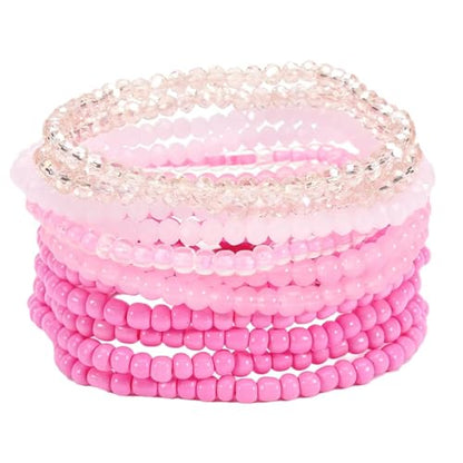 Bohemian Multilayer Beaded Stackable Stretch Bracelets for Women Colorful Crystal Glass Resin Seed Beads Elastic Wristbands BFF Friendship Summer Beach Hawaii Jewelry - color: Pink