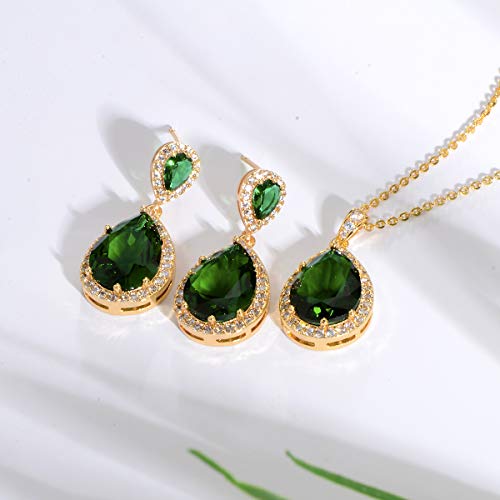Bridal Jewelry Set for Wedding - 18k Plated Teardrop CZ Crystal Cubic Zirconia Rhinestone Necklace Earrings Set for Bride Bridesmaids Mother of Bride Party Prom Birthstone Costume Jewelry - color: May-Green