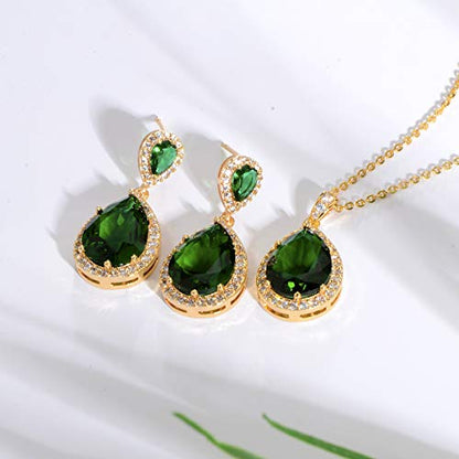 Bridal Jewelry Set for Wedding - 18k Plated Teardrop CZ Crystal Cubic Zirconia Rhinestone Necklace Earrings Set for Bride Bridesmaids Mother of Bride Party Prom Birthstone Costume Jewelry - color: May-Green