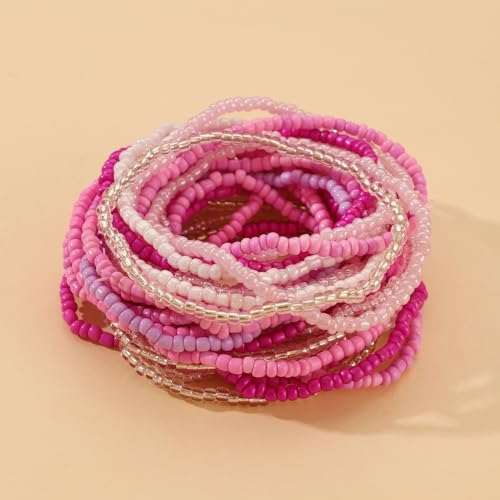 Soyzvteo 17Pcs Elastic Beaded Bracelets Bohemian Stackable Beaded Stretch Bracelets Colorful Boho Beach Bracelet Set Rainbow Handmade Seed Beach Bracelet Jewelry - color: 30Pcs/Hot Pink