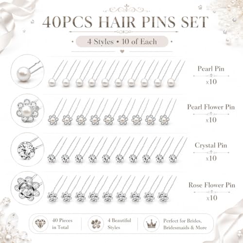 40 Pcs Silver Rhinestone Pearl Hair Pins for Women - U-Shaped Decorative Flower Diamond Hair Accessories, Perfect for Wedding, Prom, Brides, Bridesmaids & Daily Wear