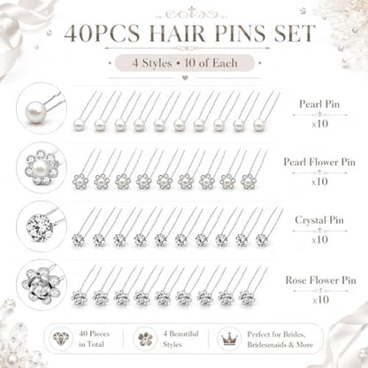 40 Pcs Silver Rhinestone Pearl Hair Pins for Women - U-Shaped Decorative Flower Diamond Hair Accessories, Perfect for Wedding, Prom, Brides, Bridesmaids & Daily Wear