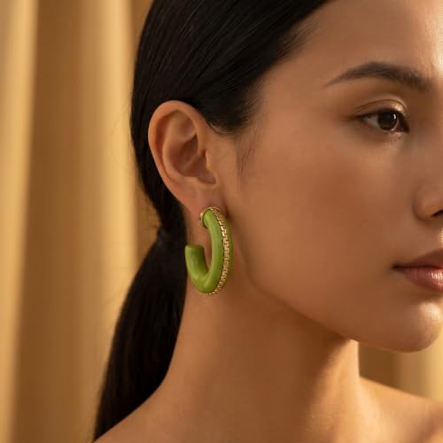 Gold Plated Resin Chunky Hoop Earrings Hypoallergenic Push Back Hoops for Sensitive Ears - color: lime green