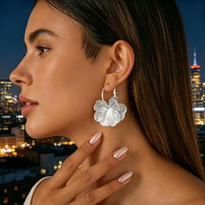 Gold Silver Flower Hoop Earrings for Women 14K Gold Plated Large Layered Flower Dangle Drop Earrings Wedding Party Holiday Birthday Gifts Lightweight Trendy Bohemian Jewelry Gift for Her - color: Silver