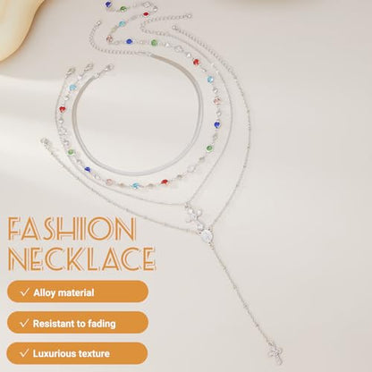 Layered Cross Necklace Set for Women, Layered Choker Necklaces Trendy Jewelry, Colorful Enamel Beaded Y-Shaped Lariat Necklace, Boho Multilayer Cross Necklace for Party and Daily Wear - color: Silver-04