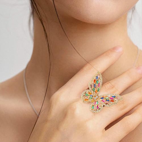 Butterfly Rings for Women Adjustable Golden Cocktail Ring Sparkly Stones Statement Silver Bow Open Wrap Bow Jewelry Bridesmaids Wedding Valentine’s Day Gift Lover Mother - color: JZ03-Colorful