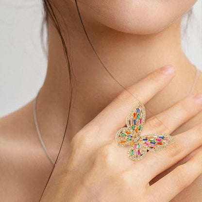 Butterfly Rings for Women Adjustable Golden Cocktail Ring Sparkly Stones Statement Silver Bow Open Wrap Bow Jewelry Bridesmaids Wedding Valentine’s Day Gift Lover Mother - color: JZ03-Colorful