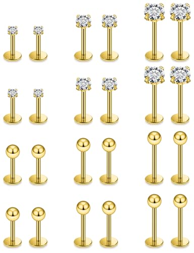 16G Flat Back Earrings Nose Studs 316L Surgical Steel Medusa Labret Monroe Lip Ring Tragus Forward Helix Conch Cartilage Lobe Earrings Stud Piercing Jewelry For Women Men 6MM 8MM 10MM - color: 14K Gold Filled, size: 16G-Ball / CZ