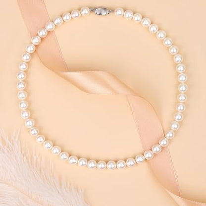 Pearl Necklaces for Women,8mm Pearl Necklace and Earring Bracelet Jewelry Set for Women Men Wedding Birthday Valentine Christmas Day Gifts - color: White