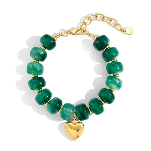 WOWORAMA Colorful Beaded Bracelets for Women Multicolor Acrylic Resin Beads Bracelet with Heart Charm Boho Statement Chunky Bracelet Summer Holiday Jewelry - color: Heart-Dark Green
