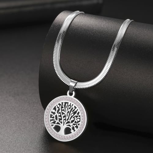 Dreamtimes Tree of Life Necklace for Women Stainless Steel Gold Color Clear Zircon Round Pendant Neck Chains Family Tree Fashion Charm Luxury Jewelry Wedding Gift - color: SILVER-2