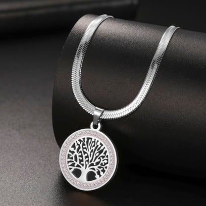 Dreamtimes Tree of Life Necklace for Women Stainless Steel Gold Color Clear Zircon Round Pendant Neck Chains Family Tree Fashion Charm Luxury Jewelry Wedding Gift - color: SILVER-2