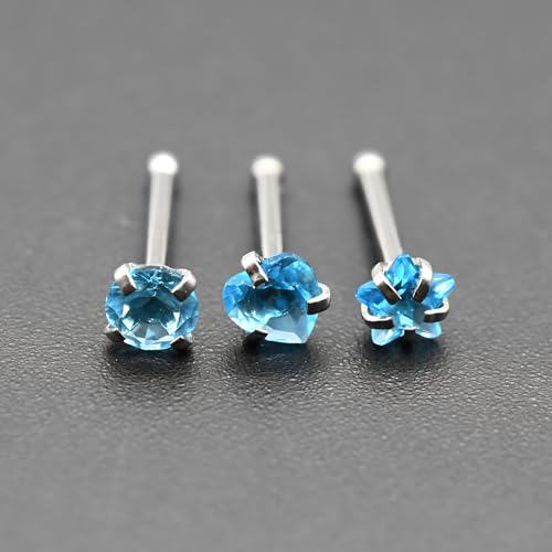 6-Piece Nose Piercing Studs Set, 20G Stainless Steel Nose Studs, 3mm Crystal Heart Star Round Shapes, 0.8x7mm Bone - color: Lake Blue