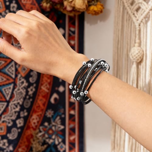 Wrapped Bracelets for Women,Leather Boho Bracelets for Women - color: Doubleloop-Black