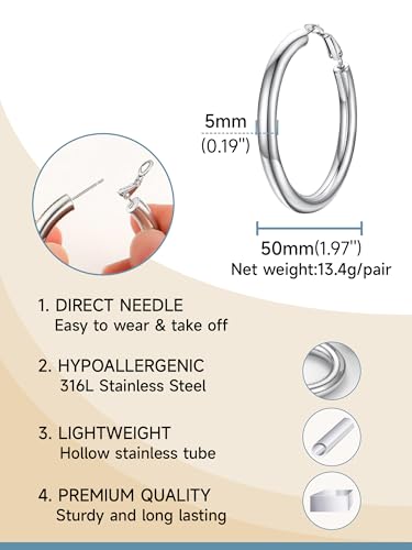PROSTEEL Chunky Hoop Earrings for Women 14K Gold Plated/Black/Silver | 20/30/40/50/60/70/80mm Stainless Steel Thick Big Round Hoop with Waterproof and Non Tarnish Trendy Jewelry with Gift Box - color: 1. Silver, size: 50MM