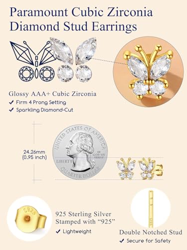 Suplight Butterfly Stud Earrings 925 Sterling Silver 14K Gold Brithstone Earrings for Women Brithstone Jewelry Gifts - color: 04.April ( Clear Quartz), size: Gold