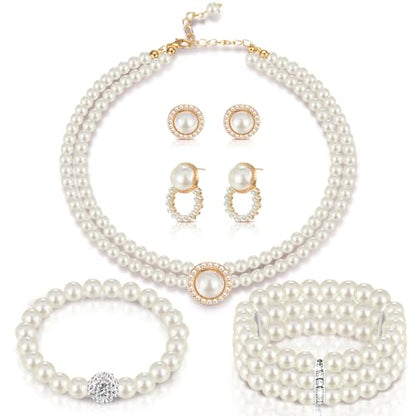 Glenmal Pearl Rhinestone Jewelry Set for Women Pearl Necklace Bracelet Earrings for Wedding Halloween Bridal Shower Tea Party - style: Trendy Style
