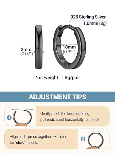 PROSTEEL Huggie Hoop Earrings For Women with 925 Sterling Silver Post | 8/10/12/14/16/18/20mm,14K Gold Plated/Black/Rose Gold/Silver Brass Lightweight Cubic Zirconia Cartilage Piercing Earring - color: 1. Black, size: 10mm