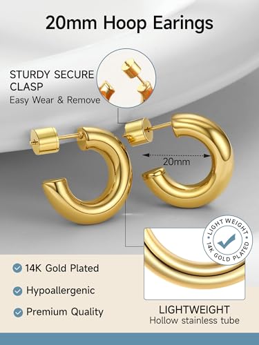 PROSTEEL Chunky Hoop Earrings for Women 14K Gold Plated/Black/Silver | 20/30/40/50/60/70/80mm Stainless Steel Thick Big Round Hoop with Waterproof and Non Tarnish Trendy Jewelry with Gift Box - color: 2. Gold, size: 20MM
