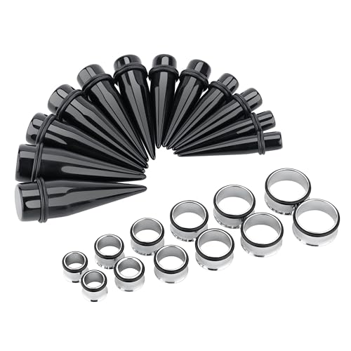 24PC Ear Gauge Stretching Kit Acrylic Tapers and Surgical Steel Tunnels Plugs 00G-20MM Gauge Stretching Kit - color: Black Silver