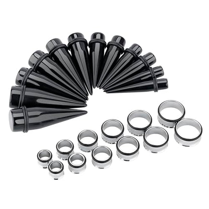 24PC Ear Gauge Stretching Kit Acrylic Tapers and Surgical Steel Tunnels Plugs 00G-20MM Gauge Stretching Kit - color: Black Silver