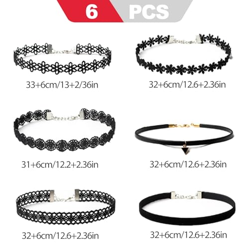 6 Pack Gothic Choker Set, Black Velvet and Lace Choker Necklaces for Women featuring a Goth Cross Necklace, Sexy Neck Choker for Gothic Layered Jewelry