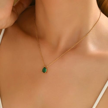 Cubic Zirconia Necklaces for Women 18K Gold Plated Tear drop Necklace Dainty Layered CZ Lariat Diamond Necklace - color: Green Teardrop-Gold