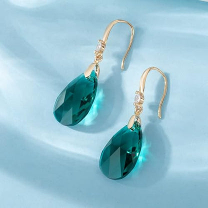 Austrian Crystal Teardrop Dangle Drop Earrings for Women 14K Gold Plated Hook Earring Hypoallergenic Jewelry Gifts for Women Girls - color: Emerald