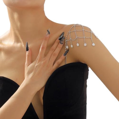 Rhinestone Shoulder Chain Jewelry - Crystal Tassel Arm Strap for Sexy Festival Rave - Bra Chain Bridal Lingerie Jewelry for Women - color: Silver