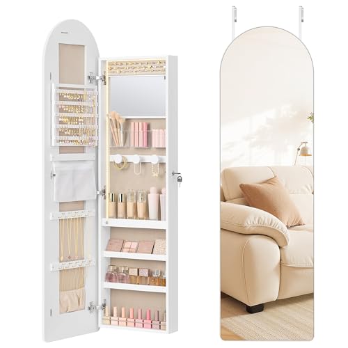 SONGMICS Wide Jewelry Organizer, LED Jewelry Cabinet Wall/Door Mounted, Arched Mirror with Storage, Lockable, Rounded Corner, Interior Mirror, 3.9 x 16.5 x 55.1 Inches, Cloud White UJJC040WB01 - color: Cloud White, size: 55"H, style: Arched Mirror