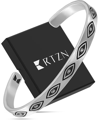 Cuff Bracelet for Men Premium Stainless Steel Mens Bangle Bracelets Silver Cuff Bracelet Waterproof & Non-Tarnish Minimal Western Bracelet - color: Evil Eye, size: Medium