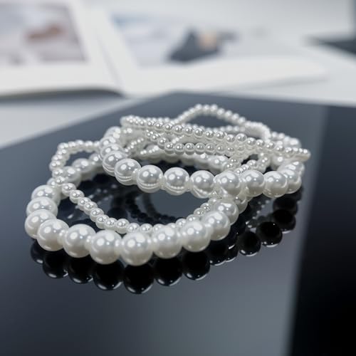Pearls Bracelets for Women Simulated White Pearl Beaded Bracelet Stack Stackable Stretch Pearl Jewelry Set Multilayered Elastic Gold Pearls Bracelet Set for Prom Party Christmas Gift - style: 10S