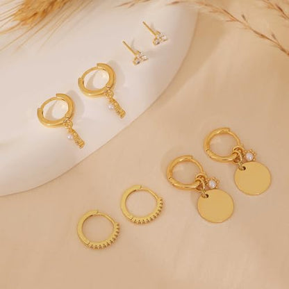 Gold Plated Earrings for Women, 14k Gold Plated Earring Stack Hypoallergenic Pearl Drop Earring Dainty Earrings for Women Trendy Cute Small Huggie Hoop Earring Fashion Womens Jewelry - color: SET7