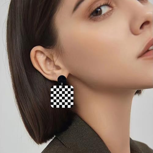 KaFu Checkerboard Earrings for Women 70s 80s Retro Acrylic Black White Striped Checkered Geometric Dangle Earrings Resin Rectangle Earrings Statement Jewelry - color: style-5