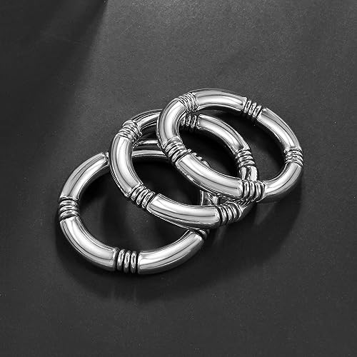 Gold Chunky Bangles Bracelets For Women 14k Gold Plated Stack Layered Curved Bamboo Tube Stretch Bracelets Gift Jewelry - color: 3pcs Silver